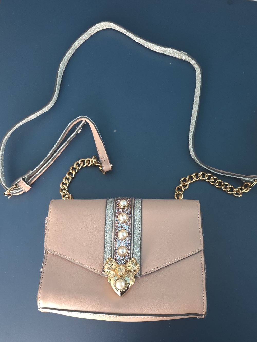 Aldo Blush Pink Crossbody with Pearl & Gold Bow Accent